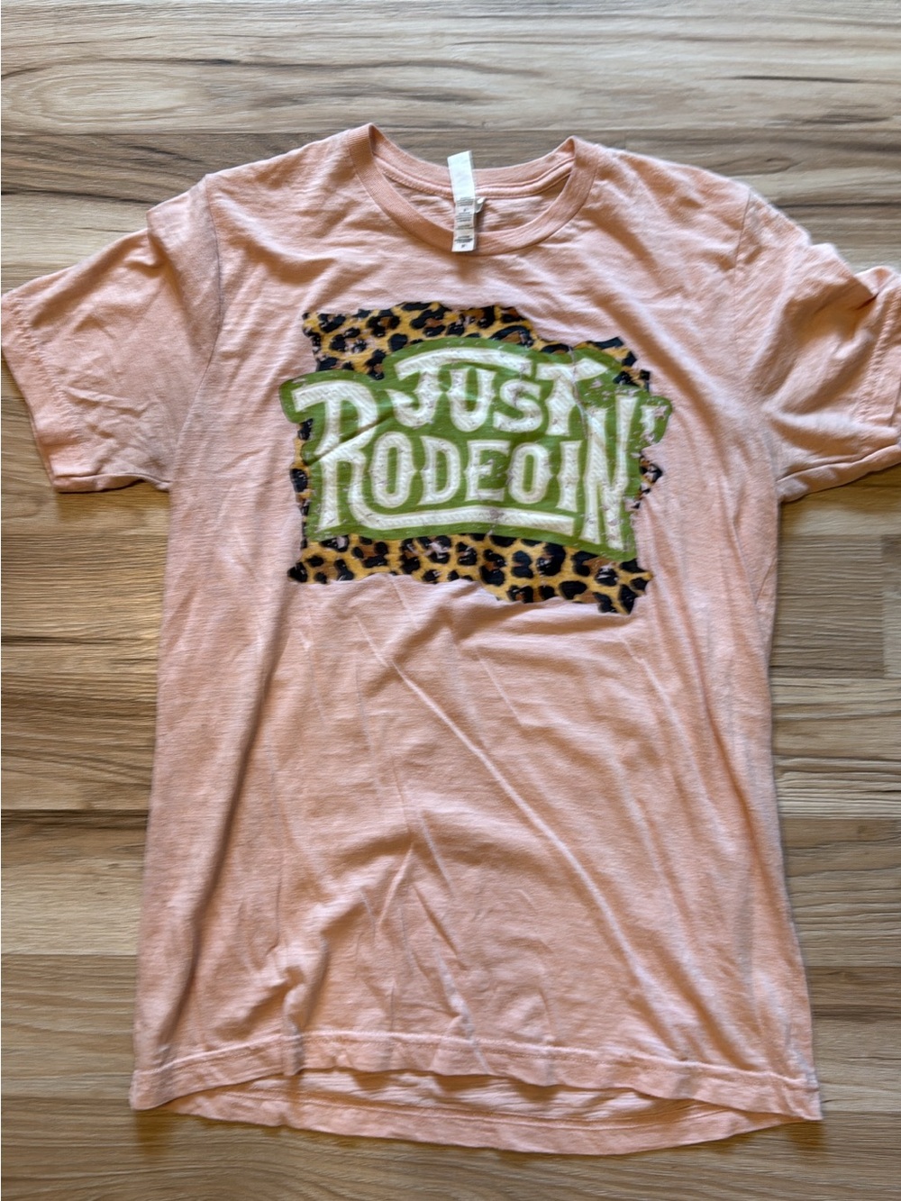 Peach Graphic Tee with Leopard & Green 'Just Rodeo' Print